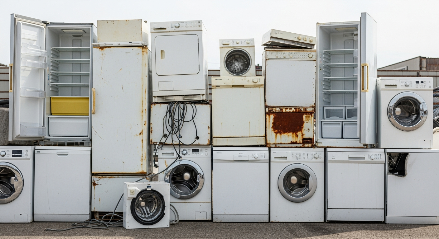 Old appliances including refrigerators, washing machines, and dryers ready for professional removal service