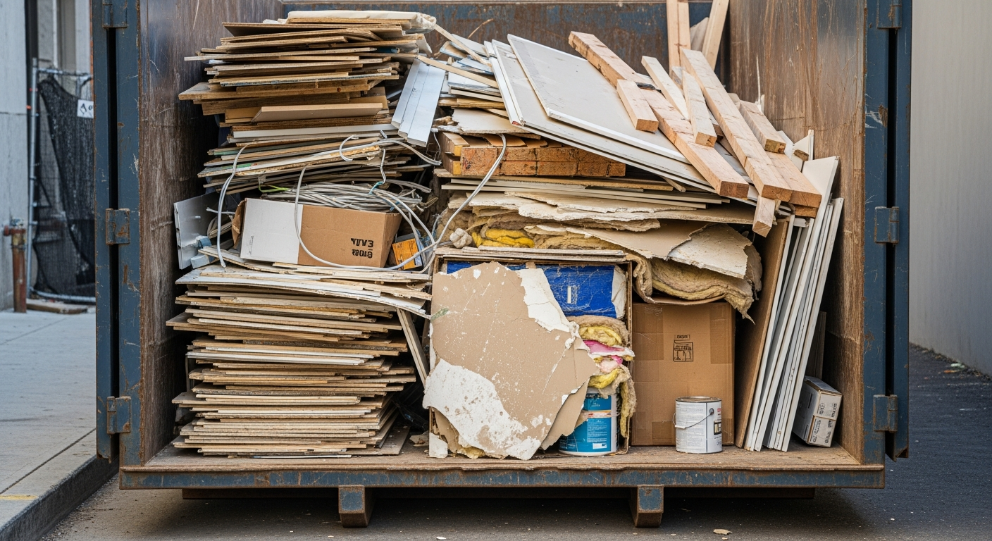 Construction debris including wood scraps, drywall, and building materials ready for professional removal and disposal