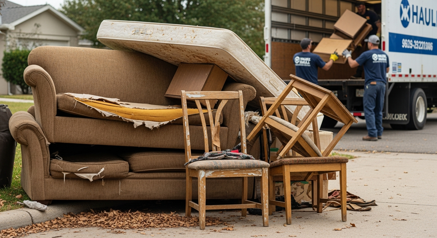 Old furniture including sofas, mattresses, and chairs ready for junk removal and disposal service